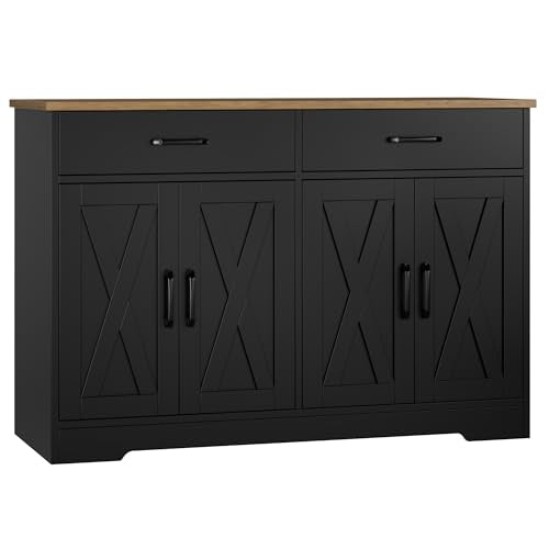 HOSTACK Buffet Cabinet with Storage, 47.2" Kitchen Sideboard Buffet with Drawers, Modern Farmhouse Coffee Bar Station with Shelves, Barn Doors Storage Cabinet for Living Room, Black/Rustic Brown - color: Black/Rustic Brown