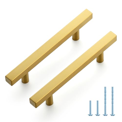 JOY DECOR 10 Pack 3-3/4 Inch Brushed Brass Square Cabinet Handles Stainless Steel Cabinet Hardware Pulls for Kitchen and Drawers with 6 Inch Overall Length - color: Brushed Brass, size: 3-3/4 Inch Hole Center