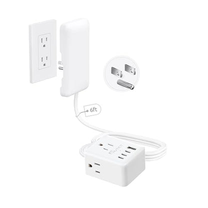 NUTICT 6FT Flat Extension Cord with Outlet Cover, Flat Plug Power Strip with 3 Outlets & 3 USB-C & 1 USB-A Port, Wall Mountable, Small Outlet Extender Hidden Behind Couch, Nightstand, Bed, White - size: 6FT