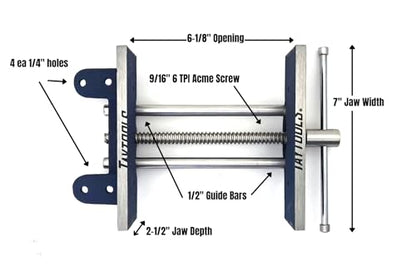 7" Light-Duty Woodworking Vise – Cast Iron Bench Vise with Trapezoidal Thread Screw & Dual Guide Bars – 6-1/8" Jaw Opening – Under-Bench Mount for Carpentry, Woodshop, and DIY Projects