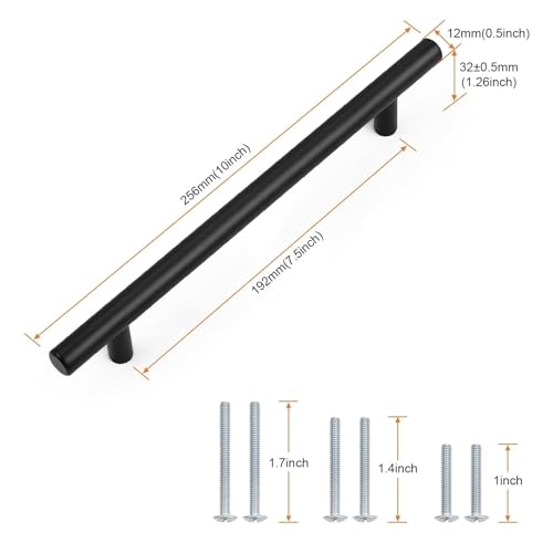 Probrico 5 Pack Holes Centers 7.5Inch(192mm) Black Kitchen Cabinet Pulls,Stainless Steel Dresser Drawer Handles,10inch Length Classic Pull Handle for Cabinets - size: Center to Center: 7-1/2 inch