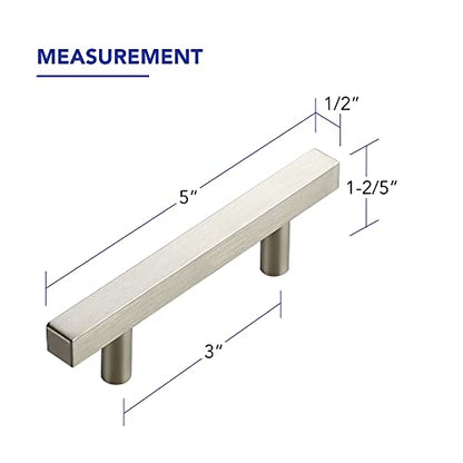 10 Pack Brushed Nickel Cabinet Handles with 3 Inch (76 mm) Hole Center, Square Kitchen Hardware for Cabinets & Drawers, Stainless Steel Pulls, 5 Inch Overall Length - color: Brushed Nickel Square T-Shaped, size: 3" Hole Center