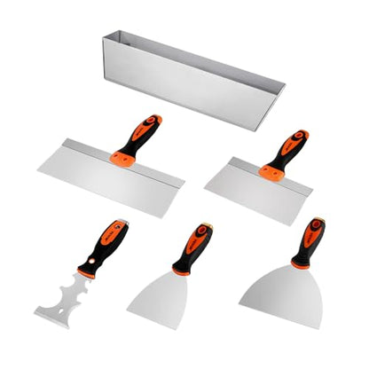 VEVOR Drywall Knife Set, 6 PCS Drywall Tools Includes 3" Painter Scraper, Two Putty Knives, Two Taping Knives and 12" Mud Pan, Stainless Steel Spackle Tool, Drywall Finishing Tools for Home