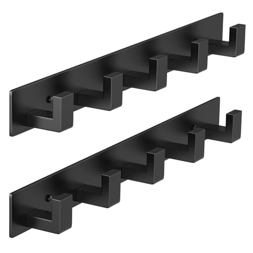 PMMASTO Coat Rack Wall Mount, Coat Hooks Wall Hooks for Hanging, Stainless Steel Coat Hanger Towel Hooks for Bathrooms, Hat Rack (Black 5 Hooks, 2 Pack) - color: Black, size: 5 "L" Hooks, 2PACK