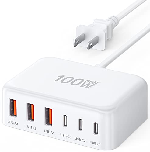 [2026 Updated] USB C Fast Charger, 100W GaN 6 Port Type C Charging Station Hub Block Cube, USB C Wall Charger Power Strip Adapter Plug for iPad iPhone 17 16 15 14 Pro Max Pixel Note Galaxy, 5ft Cord - color: A-White, size: 100w