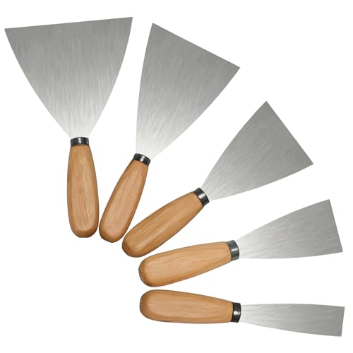5pcs Putty Knife, Stainless Steel Scraper 1” 2” 3” 4” 5” Spackle Knife Perfect Tool for Repairing Drywall Removing Wallpaper Mud Plaster Scraping (wood)