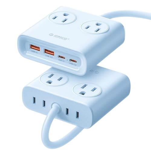 ORICO Power Brick, 25W GaN Power Strip, 8 in 1 Extension Cord with 4 AC Outlets and 2 USB-A and 2 USB-C Ports, 5ft Flat Plug Blue Outlet Extender for Home/Dorm/Travel-PDC (1 PCS) - color: Blue