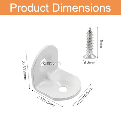40 Pcs White Corner Brace L Bracket, 0.75 x 0.75 x 0.73”/ 20 x 20 x 18.5mm Iron Right Angle Brackets, Metal Joint Right Angle Bracket for Tables, Furniture, Shelves with Screws - style: 0.75" - 20mm