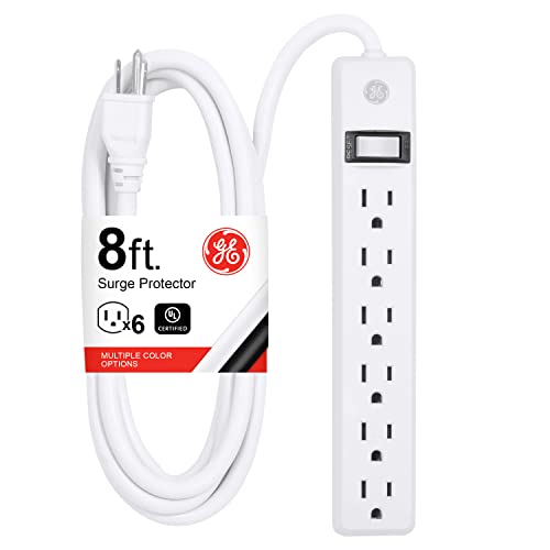 GE 6-Outlet Power Strip, 8 Ft Extension Cord, Heavy Duty Plug, Grounded, Integrated Circuit Breaker, 3-Prong, Wall Mount, ETL Listed, White, 67122 - size: 8 Ft