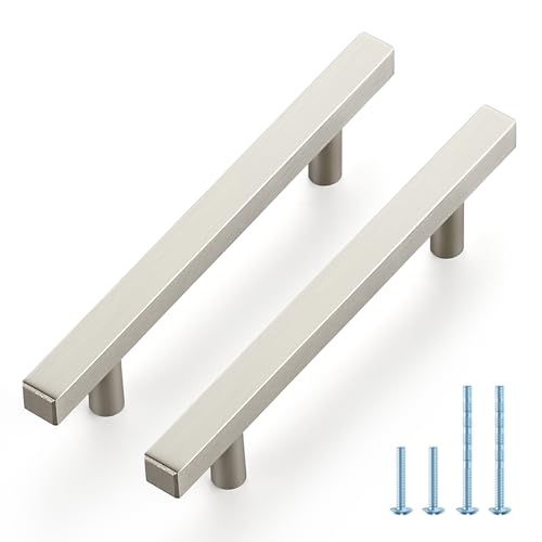 JOY DECOR 10 Pack 4 Inch Brushed Nickel Square Cabinet Handles Stainless Steel Cabinet Hardware Pulls for Kitchen and Drawers with 6-2/5 Inch Overall Length - color: Brushed Nickel, size: 4 Inch Hole Center