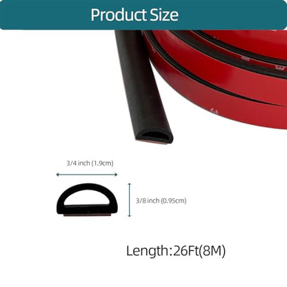 D Shape EPDM Foam Rubber Seal with Tape, Self-Adhesive Rubber Weather Stripping for Boat, Auto, RV, Marine, Garage Doors/Window and More, W:0.75"; H:0.375"; L:26Feet