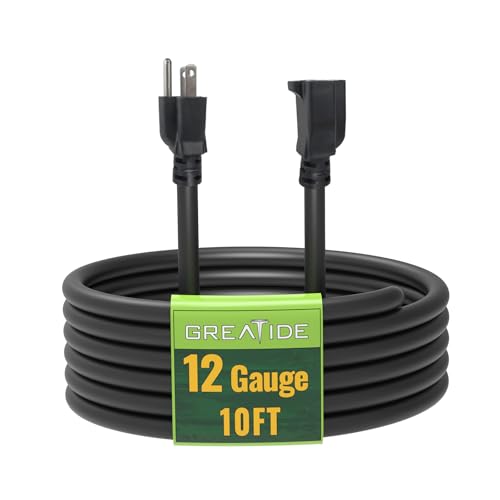 10 Ft Outdoor Extension Cord - 12/3 SJTW Heavy Duty Black Extension Cable with 3 Prong Grounded Plug - Power Cord for Lawn, Garden, Appliances - color: Black, size: 10 ft