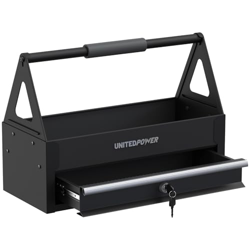UNITEDPOWER Handy Tool Box With 1 Drawer，Portable Metal Tote Tray with comfortable grip handle, Tool Organization for Household, Warehouse, Repair Shop, Black - color: Black with Drawer