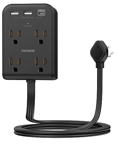 Flat Multi Plug Extender with 3 USB Wall Charger(1 Type C), 4 Outlet Wall Adapter, 4 ft Thin Extension Cord, Flat Plug Surge Protector Power Strip for Home, Office. Black - color: Black, size: 4 FT