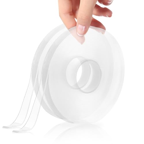 Clear Nano Double-Sided Tape Heavy Duty, Multipurpose Strong Sticky Mounting Tape Narrow (2 Rolls, Total 32.8FT), Traceless Transparent Acrylic Adhesive Gel Tape for Picture Hanging, Poster, Home, Car