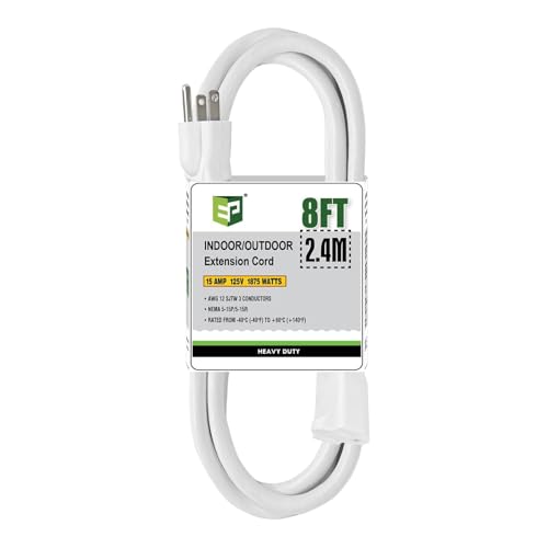 EP 12/3 8 FT Indoor Outdoor White Extension Cord Waterproof, 12 Gauge 3 Prong Power Cord Flexible Resistant Appliance Extension Cable Electric Cable Outside, 15A 1875W 12AWG SJTW, ETL Listed - color: White, size: 8ft