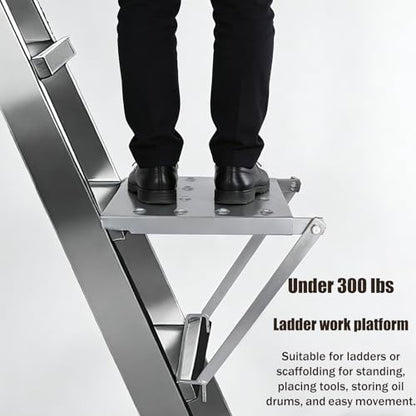 Foldable Ladder Platform, Anti-Slip Stable Work Platform Attachment Tool Tray for Step/Extension Folding Ladders Tool Accessories for Painters & DIY 300 lbs Capacity (Silver)