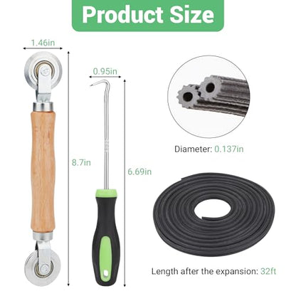 Screen Repair Kit, 32 ft Screen Retainer Spline, Spline Steel Roller, Removal Hook, 3 in 1 Screen Roller Tool, for Replacing & Installing Door Window Mesh