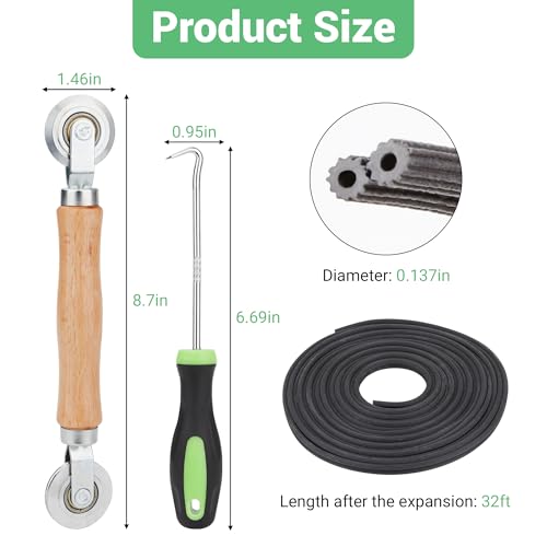 Screen Repair Kit, 32 ft Screen Retainer Spline, Spline Steel Roller, Removal Hook, 3 in 1 Screen Roller Tool, for Replacing & Installing Door Window Mesh