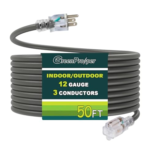 50 FT Grey Extension Cord with Lighted End, 12 AWG 3 Prong Indoor Outdoor Heavy Duty Waterproof Power Cable for Major Appliance, 12/3 SJTW UL Listed - color: Grey, size: 50 FT