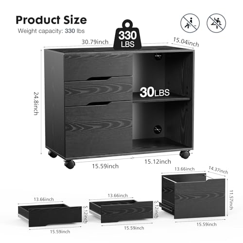 DUMOS Lateral File Cabinet with 3 Drawers Rolling Filing Cabinets Under Desk Storage Printer Stand Wood Organizer with Wheels Adjustable Shelf for Office Home Small Space, Black - color: Modern Black