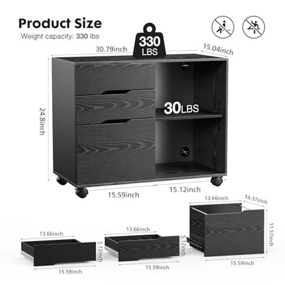 DUMOS Lateral File Cabinet with 3 Drawers Rolling Filing Cabinets Under Desk Storage Printer Stand Wood Organizer with Wheels Adjustable Shelf for Office Home Small Space, Black - color: Modern Black