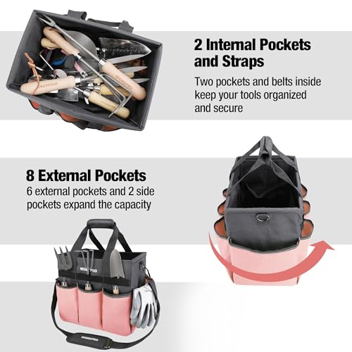 WORKPRO Garden Tool Bag, Heavy Duty Gardening Tote Bag Organizer with 10 Pockets and Long Adjustable Shoulder Strap, Standable Garden Home Tool Kits Organizer, Pink - Pink Ribbon - color: Pink