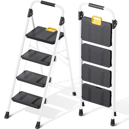 KINGRACK 4 Step Folding Ladder, 800lbs Capacity Step Stool with Safety Lock, Non-Skid Wide Pedals, and Handrail, Lightweight, Household Ladder for Home, Kitchen, Pantry, Closets, and Office Use, White - size: 4-STEP