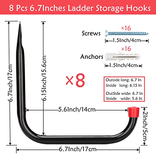 8 Pack Heavy Duty Garage Storage Utility Hooks, 6.7Inch Wall Hangers Ladder Hooks for Garden Tool, Bike, Chair, Hose, Outdoor or Indoor 6.7 x 6.7 x 0.5 inches