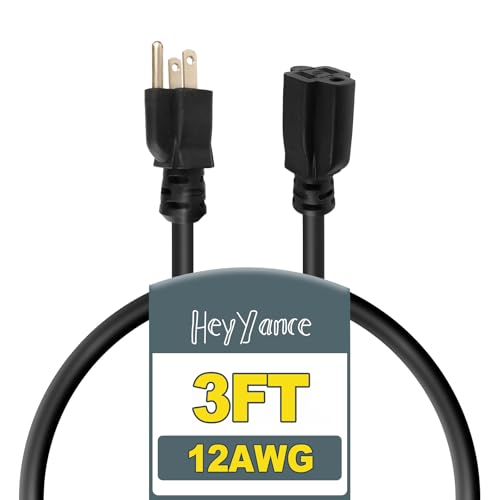 3 Ft Heavy Duty Outdoor Extension Cord Waterproof, 12/3 SJTW 15A 1875W Black Extension Cable with 3 Prong Grounded Plug, Waterproof Electric Cable for Lawn, Garden, Appliances - color: Black, size: 3 ft