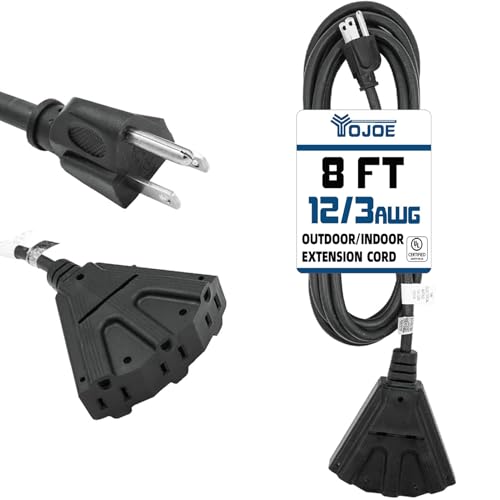 YOJOE 3-Outlets Indoor Outdoor Extension Cord, 3 Prong 15A Weatherproof Power Cord Multiple Outlets, 12 Gauge Heavy Duty 8 ft Black Extension Cord for Garage, Garden, 12/3 SJTW UL Listed - color: Black, size: 8 Foot