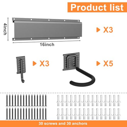TORACK Wall Mounted Bike Storage Rack, Vertical Bikes Storage for Garage 5 Bikes Hangers for Wall, Modular Bicycle Storage Rack(3 Rails, 5 Bike Hooks, 3 Helmet Hooks)