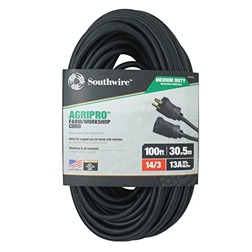 Southwire AGRIPRO Medium Duty Extension Cord, 100Ft, 14 Gauge, 3 Conductor, Farm/Workshop Cord, SJTOW, Black, 64816301 - color: Black, size: 14/3 Gauge, style: 100 ft
