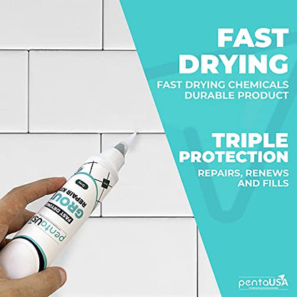 PentaUSA Tile Grout Repair Kit - Premixed Acrylic Sanded Grout for Bathroom, Shower & Kitchen, Water-Resistant Tube with Applicator, Fills Cracks and Gaps in Lines - Gray (8.8oz/250gr) - color: Gray