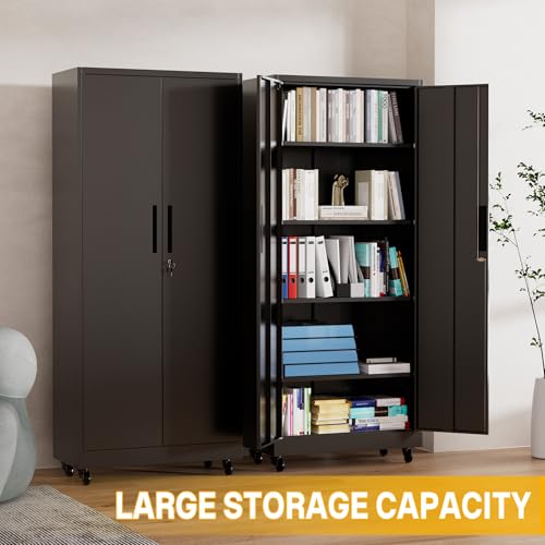 Metal Storage Cabinet with Wheels, 74.5" Garage Storage Cabinet with 4 Adjustable Shelves & Lockable Doors, Heavy Duty Garage Cabinets for Office, Home, Garage, Gym, School - size: 74.5"H x 15.75"D x 31.5"W