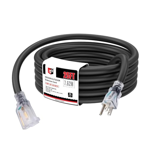 EP 25 Ft Lighted Outdoor Extension Cord - 10/3 SJTW Heavy Duty Black Extension Cable with 3 Prong Grounded Plug for Safety, UL Listed - color: Black, size: 25ft