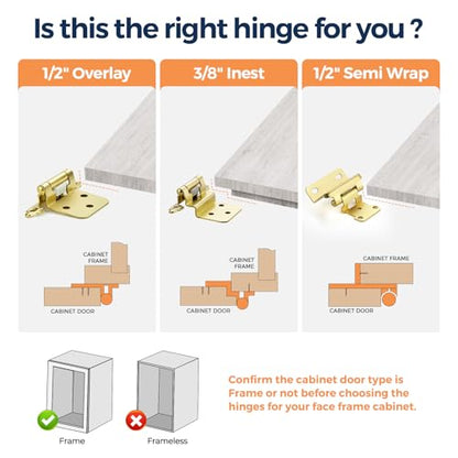 4 Pack (2 Pairs) Gold Cabinet Hinges for Kitchen Doors, Self-Closing, 1/2 Inch Overlay (Variable), Semi-Concealed Face Frame, Surface Mount Cabinet Hardware, Satin Brass - color: Gold