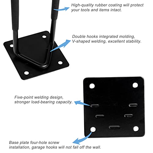 Garage Hook Hangers 2 Pcs, Shovel Holder Wall Mount, Rake Racks, Upgraded Ladder Hanger, Heavy Duty Folding Chair Rack, Garden Tool Hooks for Hanging Yard Tools, Ladders, Bikes and More