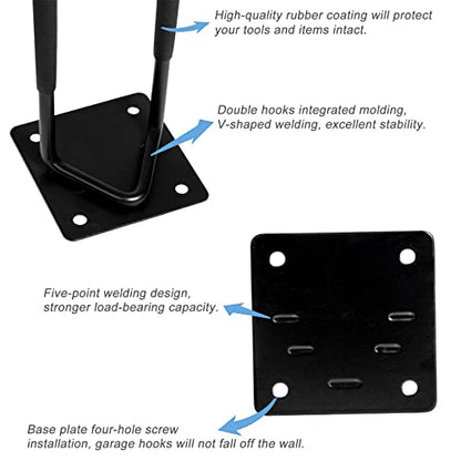 2Pcs Shovel Holder Wall Mount, Ladder Hangers, Rake Racks, Large Garden Tool Hook Organizers, Heavy Duty Garage Utility Hooks for Hanging Yard Tools, Chairs, Bikes and More