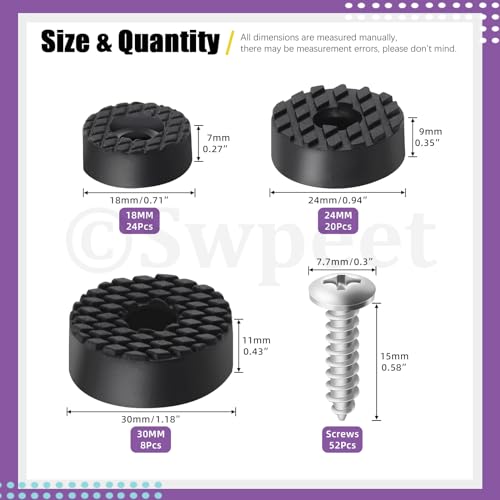 Swpeet 52 Sets 3 Sizes 18mm & 24mm & 30mm Round Black Furniture Pads with Screws, Heavy Duty Rubber Non Slip Non Skid Furniture Feet Rubber Bumpers Pads for Table Desk Chair to Protect Hardwood - size: 18/24/30 Mm Assortment Kit