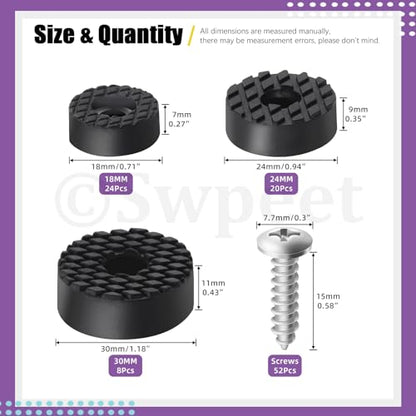 Swpeet 52 Sets 3 Sizes 18mm & 24mm & 30mm Round Black Furniture Pads with Screws, Heavy Duty Rubber Non Slip Non Skid Furniture Feet Rubber Bumpers Pads for Table Desk Chair to Protect Hardwood - size: 18/24/30 Mm Assortment Kit