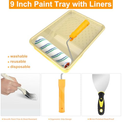 Leshein Paint Roller Kit with Extension Pole, Paint Brushes Set for Walls, Painting Supplies for Home Interior with Paint Brush, Paint Rollers, Paint Tray, Paint Tray Liner, Scraper etc.