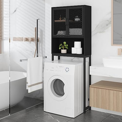 Launica Bathroom Organizer Over Toilet, Wood Metal Over The Toilet Storage, Industrial Bathrooms Space Saver Shelf Over Toilet, Freestanding Bathrooms Cabinet Above Toilet with Rack, Black Oak - color: Black Oak