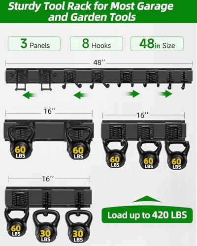 PIYILO Garden Tool Organizer 48 in with 18 Garage Hooks, Heavy Duty Garage Wall Hooks for Hanging Ladder, Bike, Tool Storage Rack for Yard Tools, Shovel, Shed (23 Pack) - size: 48 inch 18-Hook