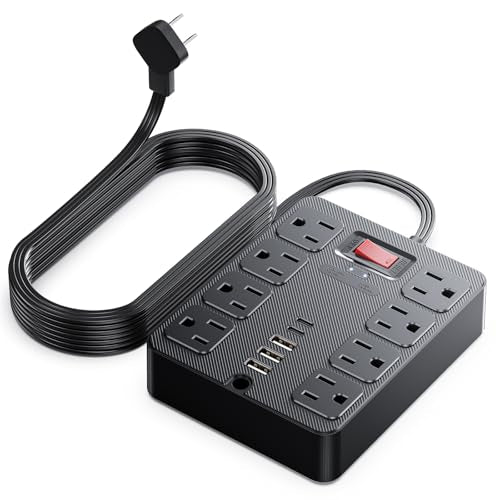 13 in 1 Surge Protector Power Strip Flat Plug 8 Widely AC Outlet 3 USB Ports,1250W/10A，15 ft Extension Cord with Multiple Outlets, Desk Extender for Dorm, Home,Travel，Office Essentials,ETL Listed - color: Black, size: 15FT