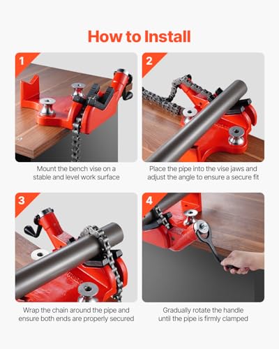 VEVOR Heavy-Duty Pipe Chain Vise, 1/2" - 8" Pipe Capacity, 34.6" Rugged Chain & Cast Iron Base, Industrial-Grade Pipe Clamping for Plumbing, Automotive Repairs, Metalworking - size: 1/2" - 8" Bench Mount