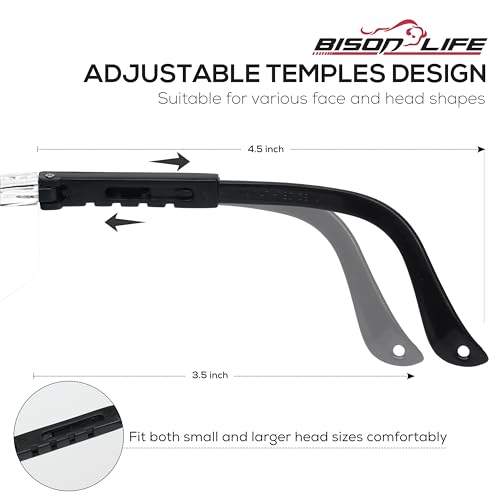 BISON LIFE Anti Fog Clear Safety Glasses with Adjustable Temple & Side Protection, Wraparound Anti-Scratch Lens, Clear Lens & Black Temple, Lab Goggles, Mowing, Gardening & More (Pack of 3) - color: Clear/Black
