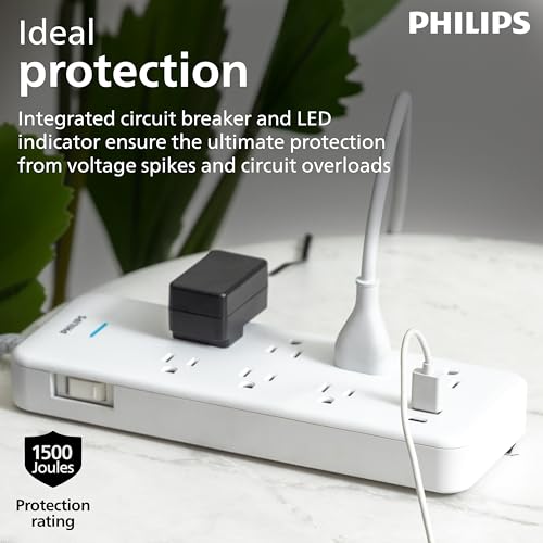 Philips 7-Outlet Surge Protector with USB Charging, 6ft Braided Extension Cord, 1USB-A, 1USB-C, 1500J, Adapter Spaced, Outlet Extender Power Strip, White - SPP3983W/37 - style: 7 Outlet | 1 USB | 1 USB-C