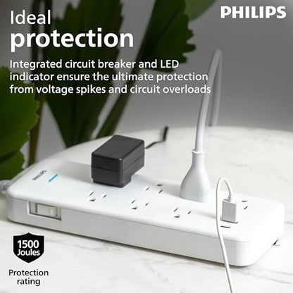 Philips 7-Outlet Surge Protector with USB Charging, 6ft Braided Extension Cord, 1USB-A, 1USB-C, 1500J, Adapter Spaced, Outlet Extender Power Strip, White - SPP3983W/37 - style: 7 Outlet | 1 USB | 1 USB-C
