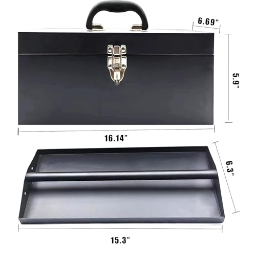 16" Portable Metal Toolbox Large Tool Box 18-Gauge Fishing Tackle Box Tool Box Drawer Organizer Steel Toolbox With Metal Latch and Handle Black - color: Black